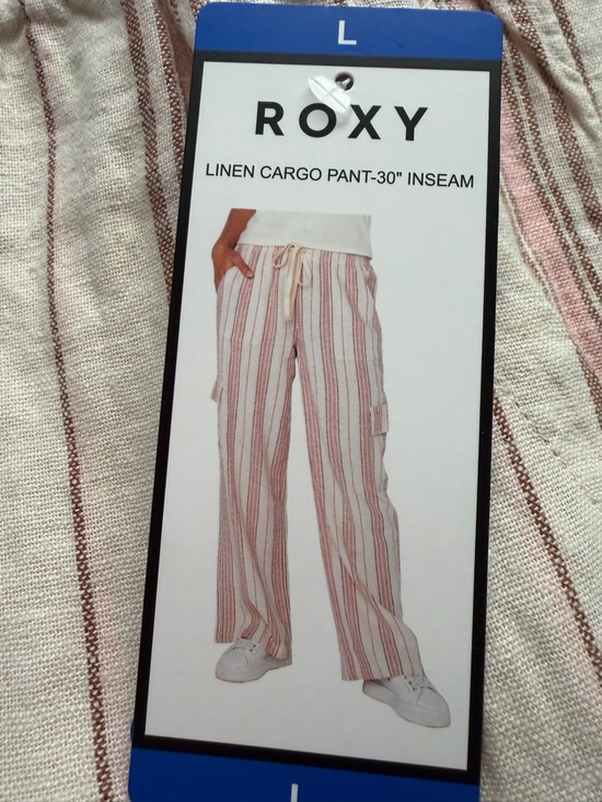 Roxy Pants - Roxy Pink and White Striped Linen Cargo Pants L, XL NWT